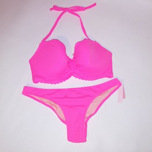 Victoria Secret Swim Bikini 36D Top Medium Bottom Solid Neon Pink Ruffle Trim - Picture 6 of 12